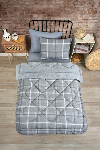 Sudemhome Single Welsoft Sleeping Set – Double-Sided Quilt Checkered Fluffy Soft Fleece with Elastic Sheet