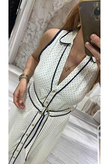 Pulli Collection Ecru Navy Blue Piping Dotted Belted Dress – Καλοκαιρινή κομψότητα με λεπτομέρεια με κουμπιά