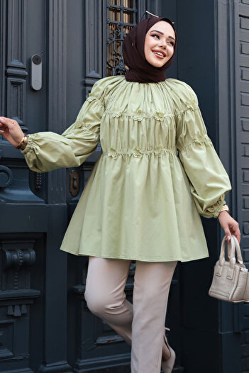 N.S NEVA STYLE Green Hijab Tunic with Gather Detail 101033Cy