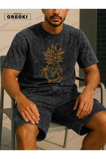 EFFRENATU Orki Deluxe Edition Summer Pineapple Men's Summer Shorts Set – Printed Tie-Dye T-Shirt & Black Shorts