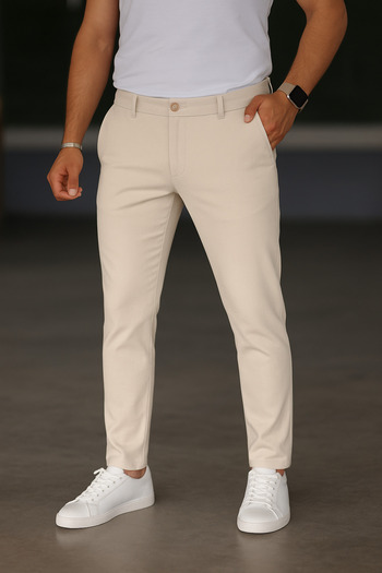 Butik Beige Slim Fit Casual Men's Fabric Trousers