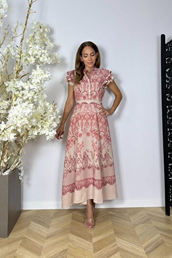 gesmoda G1491 Sleeve Detailed Belted Linen Dress Patterned