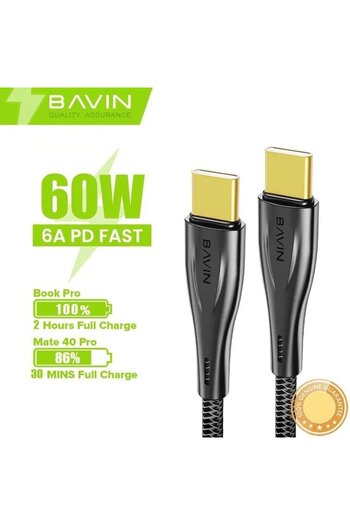 Bavin Cablu de încărcare rapidă CB228 USB-C la USB-C, 60W, 1,5m, negru, placat cu aur