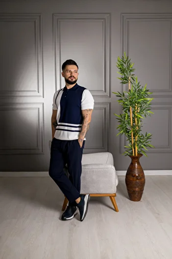 Sarar Interview Polo Neck Rayon Thin Knitwear Navy Blue White T-Shirt