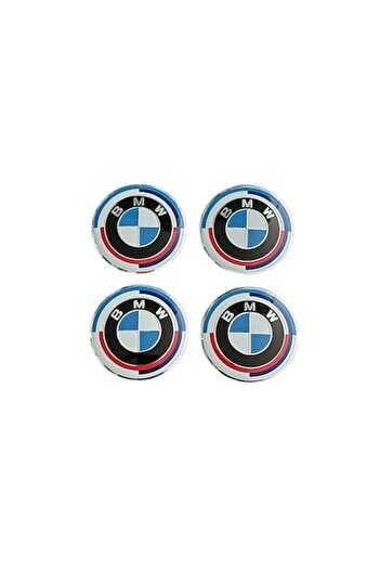 BMW Set de 4 autocolante metalice adezive 56mm albastre - Aniversare, pentru jante din aliaj