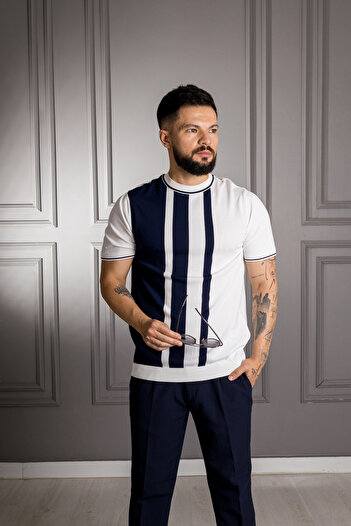 Sarar Interview 0 Collar Rayon Thin Knitwear Navy Blue White T-Shirt