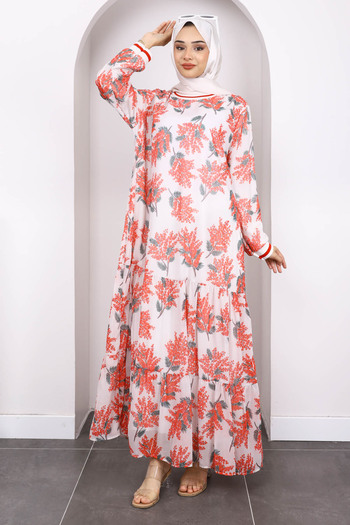 İmajButik Pomegranate Flower Patterned Chiffon Dress