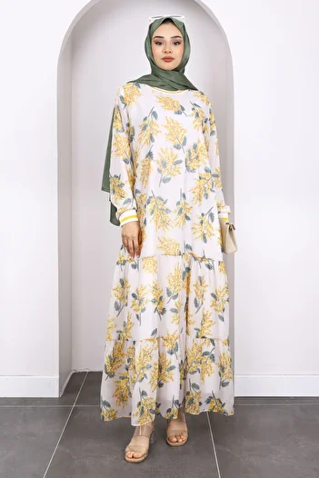 İmajButik Mustard Patterned Chiffon Dress