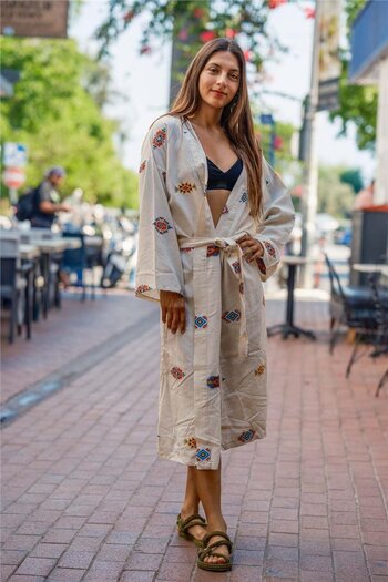 Miss Boheme White Color Kilim Motif Embroidered Kaftan