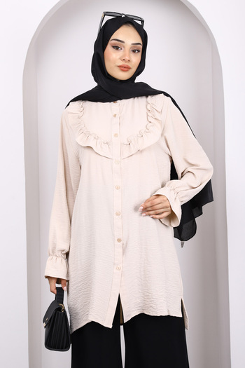 İmajButik Beige Ruffled Front Ayrobin Tunic