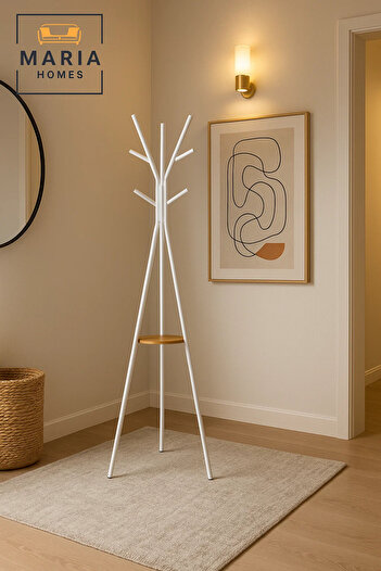 MARIA HOMES Wath LJ-F White Tripod Metal Coat Rack with Wooden Shelf