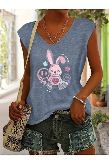 FUFLUNS Cute Rabbit Printed Women's Oversize Sleeveless T-Shirt