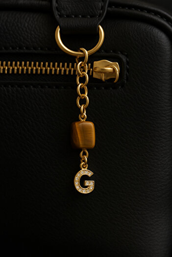 Han Ticarethane Gold Color Stone g Letter Tiger Eye Keychain Charm
