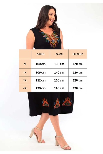 FOR ESRA BIG TREND Women's Plus Size V Neck Ethnic Pattern Embroidery Pocket Sleeveless Viscose Stretchy Dress