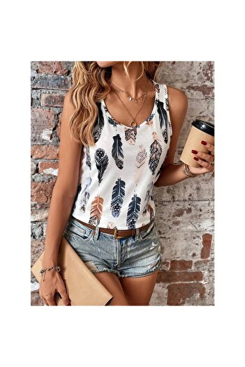gl00my Women's Zero Sleeve V-Neck Leaf Patterned Single Jersey Blouse