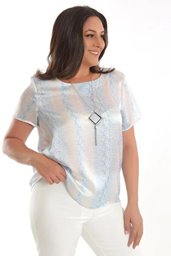 Trend42plus Plus Size Blue Drop Pattern Short Sleeve Blouse