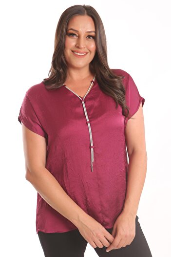 Trend42plus Plus Size Burgundy Satin Blouse with Crashing and Chain Detail