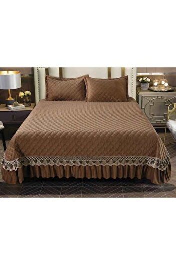 Mercaton Set 3 Piese de Lux, Cuvertura de Pat din Catifea cu Broderie, Matlasata, 230x250 cm si 2 Fete de Per