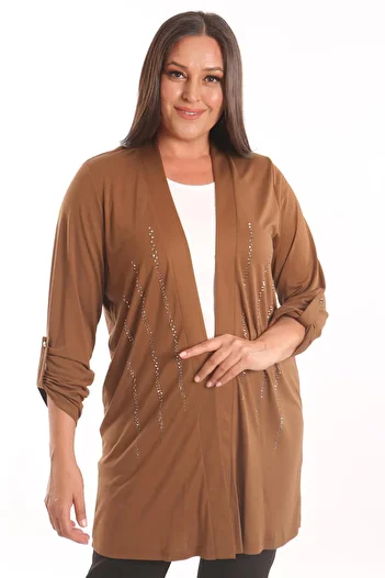Metpoint Trend42Plus Large Size Brown Stone Printed Long Cardigan
