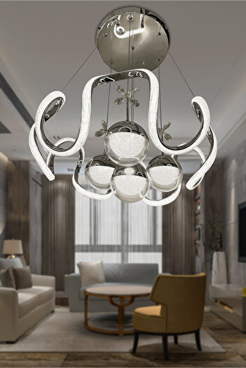 RSCOLLECTIONS Arya Fanus 4 Toplu Simli Slikonlu Yüksek (Işık) Modern Salon Led Avizesi Kumandasız Krom