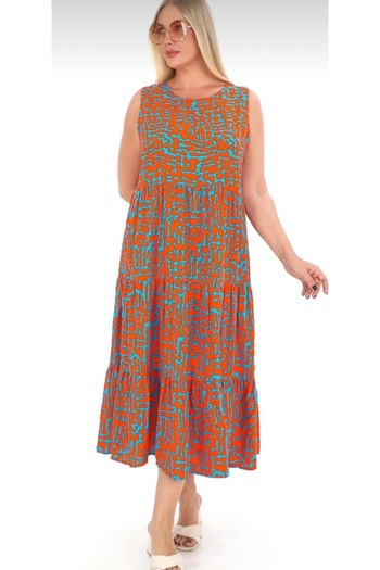 AKŞEN GİYİM Women's Cotton Viscose Fabric Zero Sleeve Mosaic Pattern 123 cm Length Skirt 3 Layers Dress