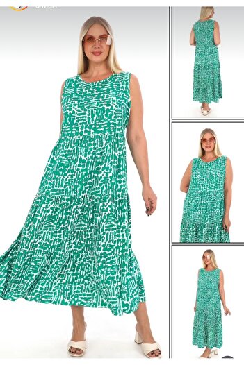 AKŞEN GİYİM Women's Cotton Viscose Fabric Zero Sleeve Mosaic Pattern 123 cm Length Skirt 3 Layers Dress