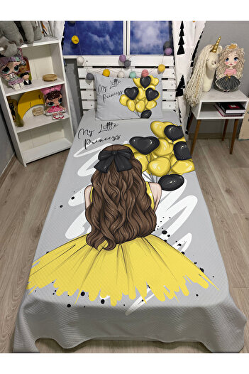 yok yok evim eve dair her şey Gray Balloon Girl Patterned Single Bedspread and Pillowcase Set