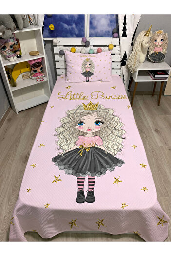 yok yok evim eve dair her şey Pink Little Princess Patterned Single Bedspread and Pillowcase Set
