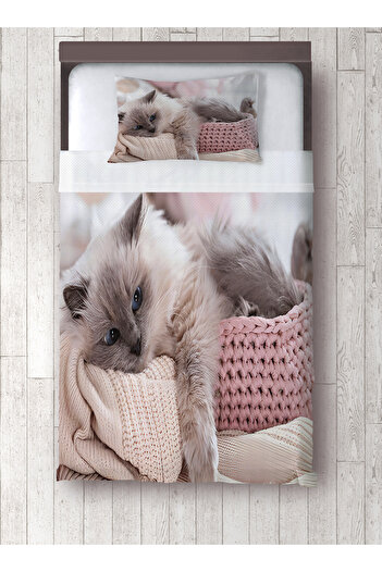 yok yok evim eve dair her şey Cat Patterned Single Pique and Pillowcase Bedspread Set in the Basket