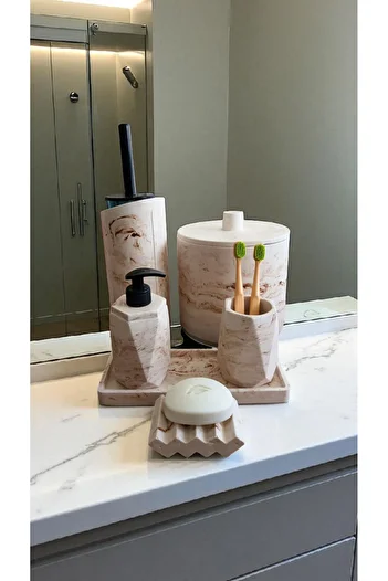 Trust Stone Marble Pattern Beige Trash Can, Bathroom Set Toilet Wc Liquid Soap Dispenser Toothbrush Holder Concrete Accessory Set