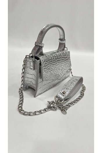 themoiss Silver Croco Chain Strap Women's Handbag and Shoulder Bag