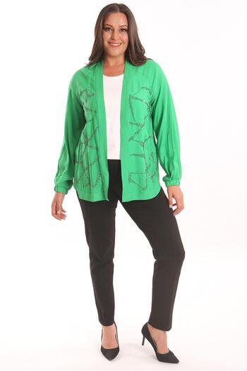 Metpoint Trend42Plus Large Size Front Stone Printed Green Jacket