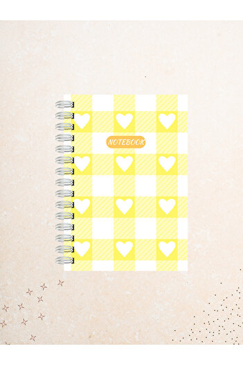 Ez&Tu Stıcker Heart Yellow Checkered Patterned Notebook – 60 Sheets / 120 Pages – Unlined Wire Spiral