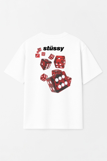 THE RULE Unisex Stüssy Dice Printed Oversize 100% Cotton Wide Cut Textured Crew Neck White T-Shirt Rf0535