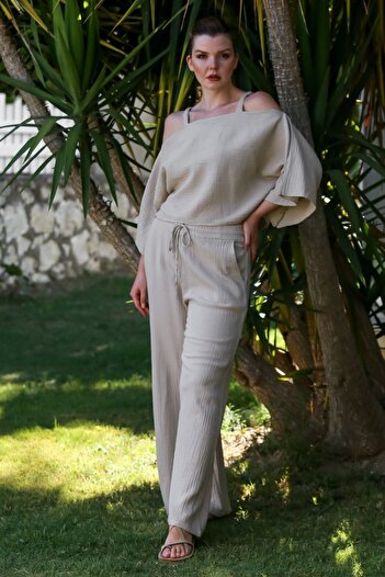 Chiccy Beige Carmen Collar Handkerchief Sleeve Pocket Washable Elastic Waist Muslin Woven Suit 52-108 65-65