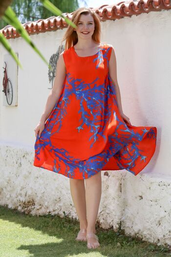 Chiccy Orange-Blue Pool Collar Sleeveless Patterned Casual Viscose Woven Dress 100 62