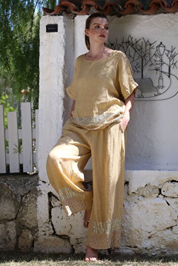 Chiccy Italian Camel Pool Collar Low Sleeve Pocket Sequin Sequin Lace Linen Woven Suit 73-100 70-68