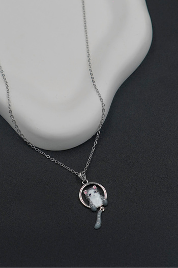 The Collection Tail Wagging Cat Pendant Tarnish Free Silver Women's Steel Necklace