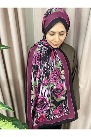 MODA Mineleşarp Black Background with Fuchsia Shades Rose Pattern Cashmere Shawl