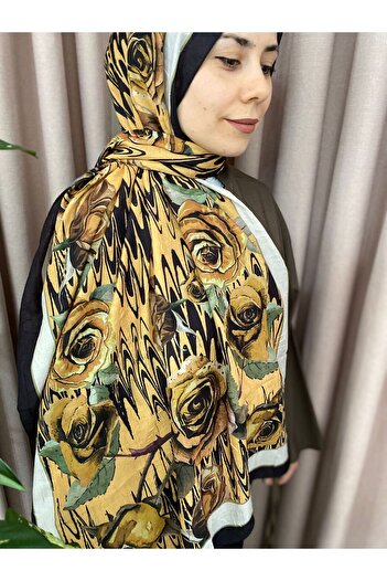 MODA Mineleşarp Black Background with Daisy Yellow Rose Pattern Cashmere Shawl