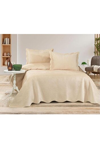 Çeyiz Diyarı Askana Double Luxury Velvet Bedspread Beige