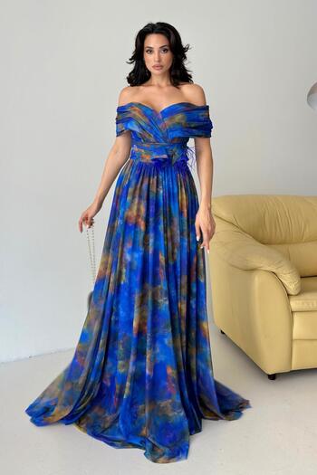 Serica Moda Rochie de seară din tul cu model Saks Blue Boat Neck