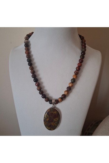 azra takı tasarım Fruit Jasper Fossil Natural Stone Handmade Short Women's Necklace