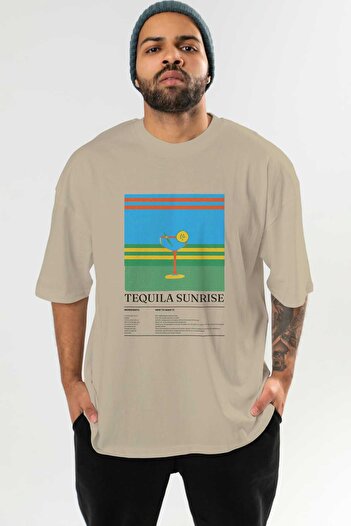 Ankhises Tequila Sunrise Cocktail μπροστινό εμπριμέ μπλουζάκι υπερμεγέθη ανδρικό γυναικείο βαμβακερό μπλουζάκι με λαιμόκοψη