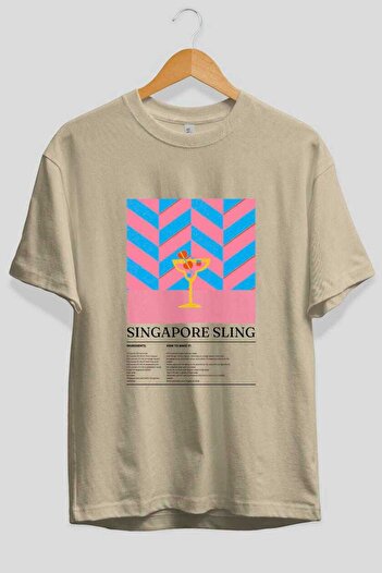 Ankhises Singapore Sling Cocktail μπροστινό εμπριμέ μπλουζάκι υπερμεγέθους ανδρικό γυναικείο βαμβακερό μπλουζάκι με λαιμόκοψη