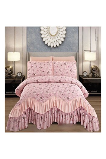 Lenjerii de pat Bedspread set with 2 pillowcases, 3 pieces, fine cotton, printed, quilted, pink, Elena