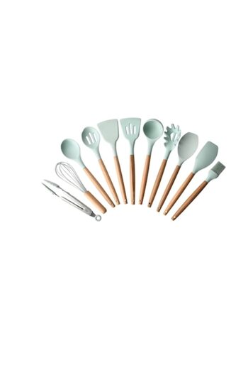 OEM Set 11 kitchen utensils, Non-stick, Silicone, Wooden handle green teleMAG