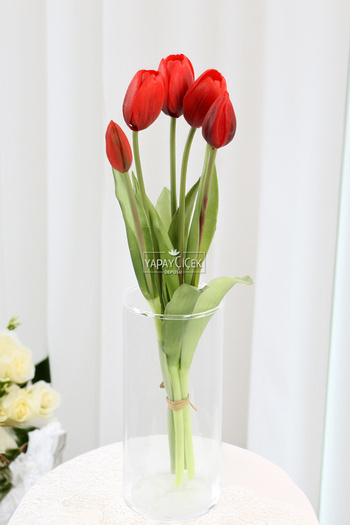 Yapay Çiçek Deposu Real Textured Luxury 5 Branch Tulipa Tulip Bouquet Red
