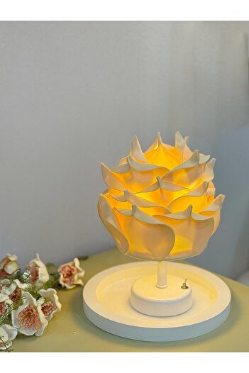 Maison Avf Butter Yellow - Sarı Eva Gül Tasarım Kablosuz Pilli Masa Lambası - Alt Beyaz (Tüm Boy 30 cm)