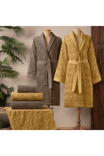 Altınbaşak Armo 100% Cotton Family Bathrobe Set Mustard/Beige (6 Pieces)